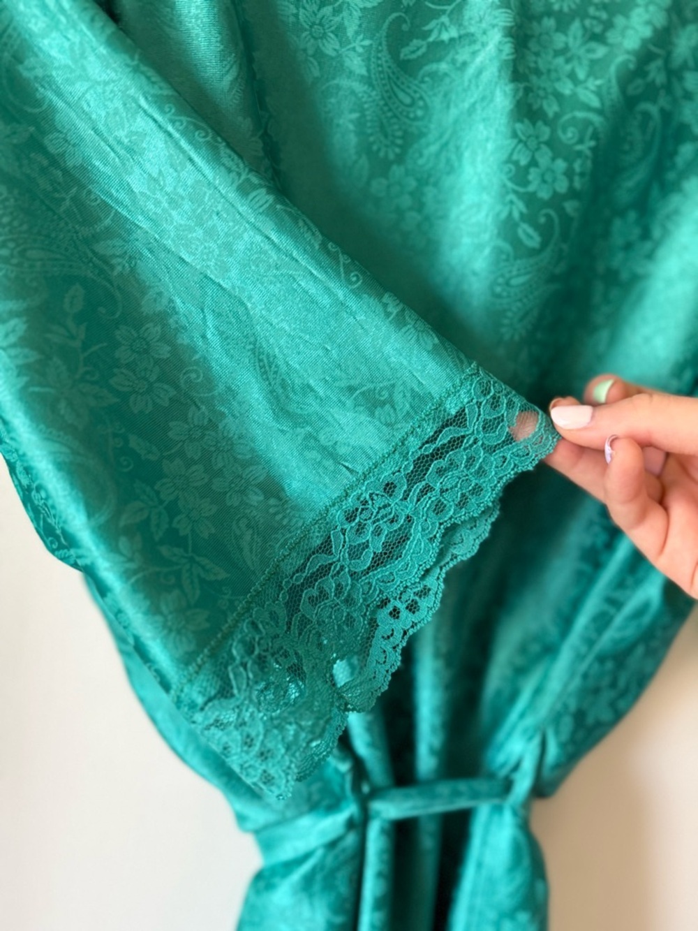 Vintage 70s Stardust Fairycore Emerald Green Teal Chemise Peignoir Set Florets L - Picture 14 of 16